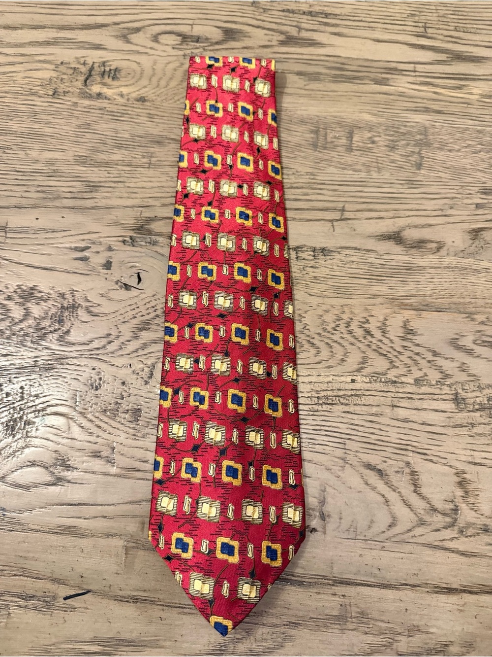 VINTAGE Robert Talbott Red Silk Tie with Gold and Blue Geometric Motif